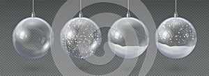 Realistic hanging glass christmas balls empty and with snow. 3d xmas tree decoration, transparent crystal sphere with photo