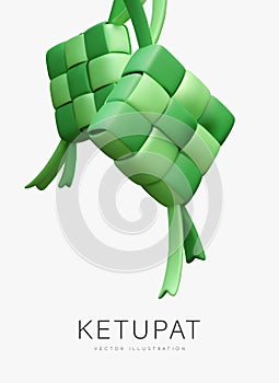 Realistic hanging green ketupat. Traditional rice dish in palm or banana leaf