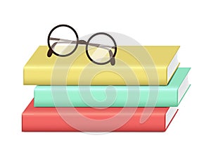 Realistic Hardcover color books stack isolated, Catalog Mock up and Eye glasses. Education and learning concept design vector