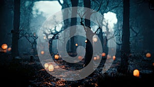 Realistic haunted forest creepy landscape at night. Fantasy Halloween forest background. Digital art.