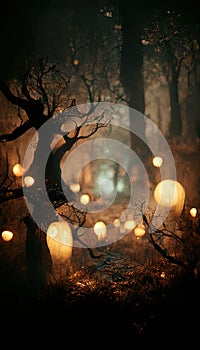 Realistic haunted forest creepy landscape at night. Fantasy Halloween forest background. Digital art. photo