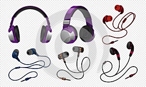 Realistic headset. Wireless gaming earphones with mic and and corded studio monitor headphones for music. Vector photo