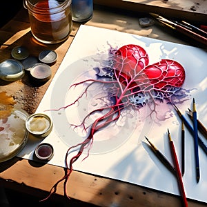 realistic heart is painted with watercolour paint and pencils