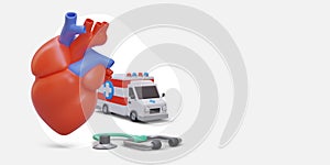 Realistic heart, stethoscope, ambulance. Emergency medical service