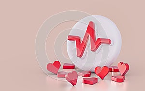 Realistic heartbeat sign icon on the white glossy background 3d render concpet
