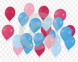 Realistic Helium Vector Balloons Color and Happy Birthday, in transparent background New Year Party Decoration. Air Helium Balloon