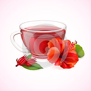 Realistic hibiscus tea. Roselle red flower hot drink cup, healthy flavor breakfast transparent glass mug with rose