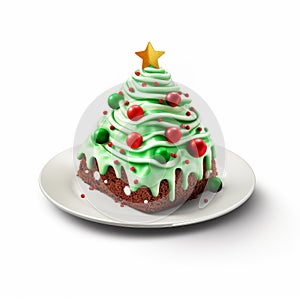 Realistic High Resolution Christmas Tree Cake On White Plate