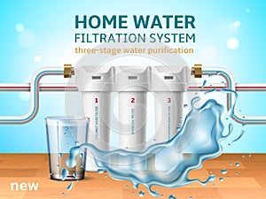 Realistic home water filtration system. 3d aqua clearing, several stages, cassettes with fillers, glass with splash