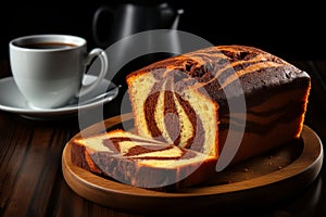 Realistic homemade nutella swirl pound cake on white plate, delicious homemade food photography