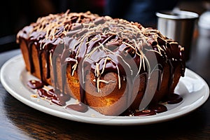 Realistic homemade nutella swirl pound cake on white plate enticing food photography