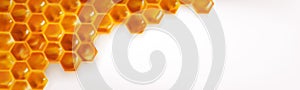 Realistic honeycomb background. Bright honey texture colour, abstract 3D hexagon background for banner, advertisement or