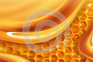 Realistic Honeycombs background. Bright color texture dripping honey , Drops of yellow syrup flow.liquid caramel . 3D