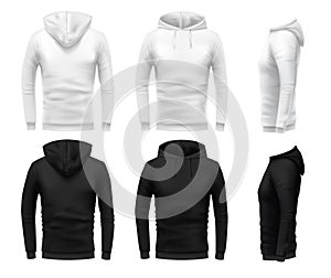 Realistic hoodie mockup. Black sweatshirt, white urban wearing hoodie and realistic clothes template 3D sweatshirts with