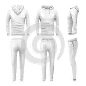 Realistic hoodies and pants mockup. Man sportswear, white hoodie and sweat pant. Male trousers template vector