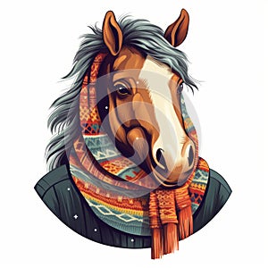 Realistic Horse Illustration With Iconographic Motifs And Warmcore Color Scheme photo