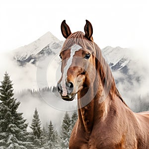 Realistic Horse Portrait In Winter Mountains