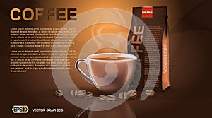 Realistic hot coffee cup and package Mockup template for branding, advertise product designs. Fresh steaming drink in a