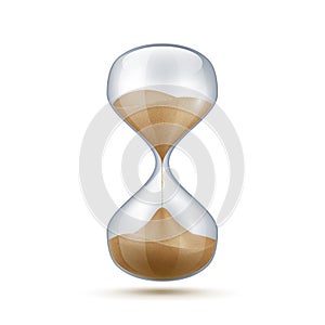 Realistic hourglass. 3D sand clock. Old-fashioned stopwatch for time measurement. Connected transparent flasks with falling grains