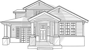 Realistic house sketch template. Graphic vector illustration in black and white