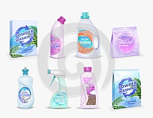 Realistic household cleaning product package with label design templates. Detergent powder in box, bleach in bottle