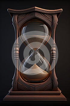 Realistic huge hourglass with running sand inside on dark background. Wooden body in retro style. Time passing or countdown