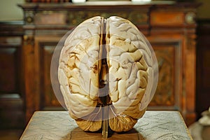 Realistic Human Brain Model on Vintage Wooden Table for Neuroscience Education