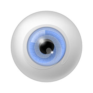 Realistic human eyeball. Anatomy blue eye close up element, 3d round iris retina and pupil, optical lens, colorful photo