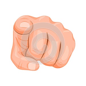 Realistic human hand pointing finger at viewer vector graphic illustration