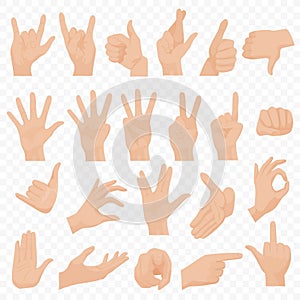 Realistic human hands icons and symbols set. Emoji hand icons. Different gestures, hands, signals and signs emotions photo