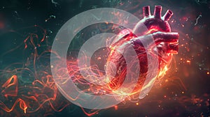 A realistic human heart is depicted with glowing energy lines and particles, representing a medical technology context