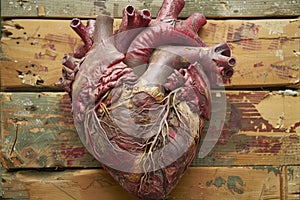 Realistic Human Heart Model on Wooden Background for Medical Education