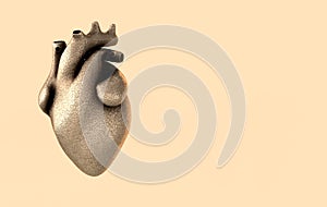Realistic human heart organ with arteries and aorta 3d rendering. Happy Valentines Day greeting card. Romantic background. Golden