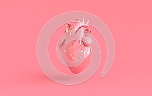 Realistic human heart organ with arteries and aorta 3d rendering. Happy Valentines Day greeting card. Romantic background. Pink