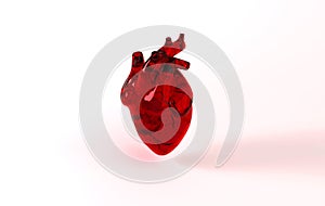 Realistic human heart organ with arteries and aorta 3d rendering. Happy Valentines Day greeting card. Romantic background. Red