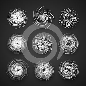Realistický hurikán cyklon vektor ikona tajfun spirála bouře označení organizace nebo instituce točit vír ilustrace na černém pozadí 