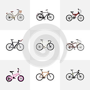 Realistic Hybrid Velocipede, Training Vehicle, Journey Bike And Other Vector Elements. Set Of Realistic Symbols Als