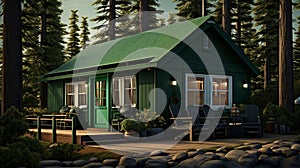 Realistic And Hyper-detailed Green Cabin In The Woods photo