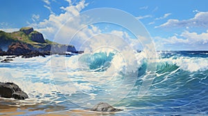 Realistic Hyper-detailed Painting: Crashing Waves At Waimea Bay