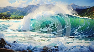 Realistic Hyper-detailed Painting: Wave In Ocean With Mountains