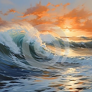 Realistic Hyper-detailed Painting Of Waves Breaking At Sunset