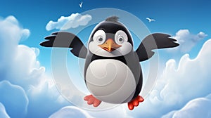 Playful Cartoon Penguin Soaring Through The Skies With A Red Tail photo