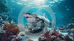 Realistic Hyper-detailed Rendering Of Shark Swimming With Corals And Small Reef