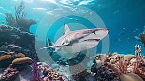 Realistic Hyper-detailed Rendering Of Shark Swimming Over Tropical Coral Reef