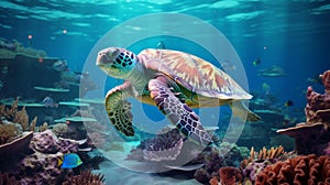 Realistic Hyper-detailed Rendering Of A Vibrant Sea Turtle In Underwater Habitat