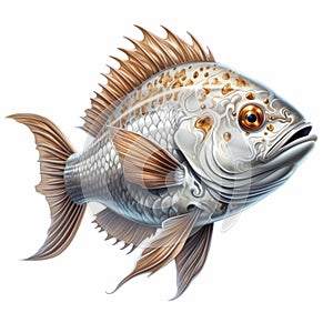 Realistic Hyper-detailed Silver And Brown Fish Illustration On White Background