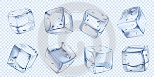 Realistic ice cube. Iced water cubes for cool cocktail. Freezed aqua vector isolated illustration set