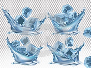 Realistic ice cube and water splash on transparent background. Blue frozen ice cubes from different angles. Vector