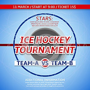 Realistic ice hockey poster. Sport championship advertising, sport event, winter team game invitation, rink with puck, tournament