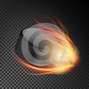 Realistic Ice Hockey Puck In Fire. Burning Hockey Puck On Transparent Background. Vector Illustration